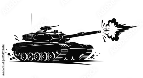 A dramatic black and white illustration depicts a tank firing its cannon showcasing military power and dynamic action silhouette