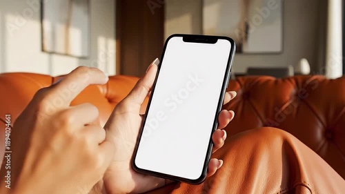 Close-up of Woman's Hand Holding Smartphone with Blank White Screen Mockup, Using Mobile App for Online Shopping and Social Media Browsing on Orange Leather Sofa in Modern Bright Living Room