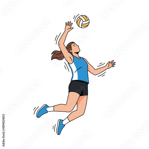 Volleyball player jumping for spike, powerful action pose, modern flat vector illustration, isolated