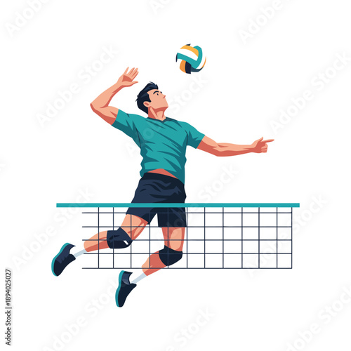 Male Volleyball Player Spiking Ball Illustration over Net