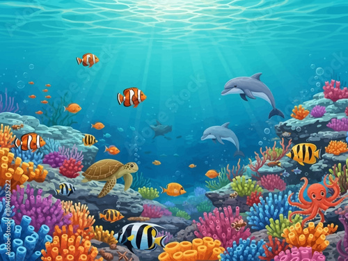 Underwater Scene with Dolphins and Fish.