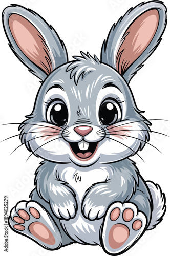 Cute cartoon blue bunny with big eyes smiling happily