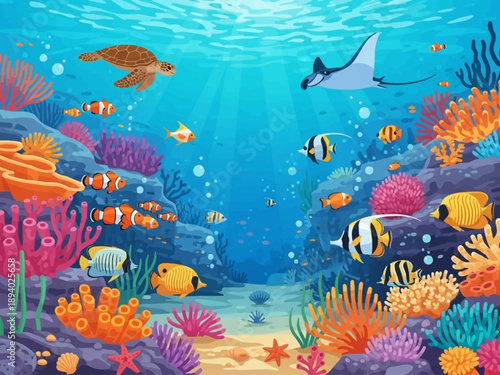Vibrant Underwater Scene with Marine Life.