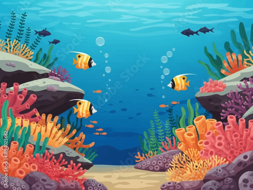 Underwater Scene with Fish and Coral Reef.