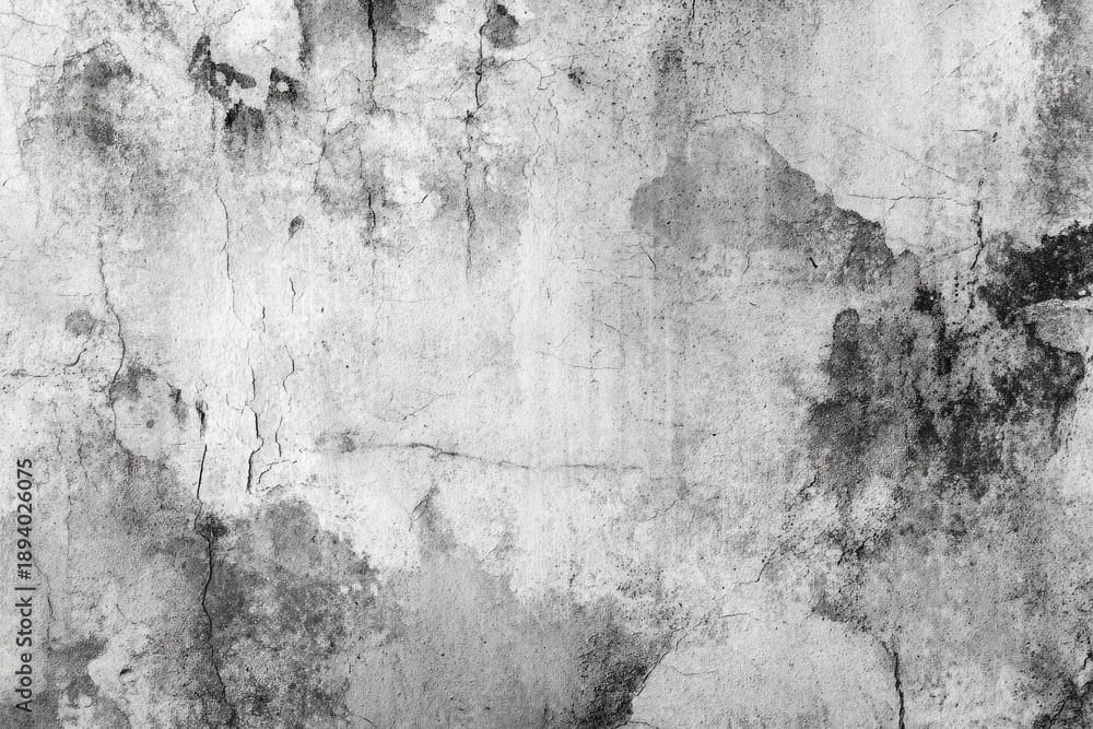 Obraz premium Close-up of a weathered, textured wall with cracks, stains, and varying shades of gray