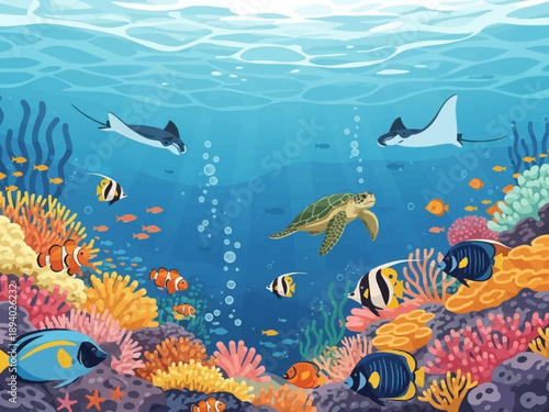 Colorful Fish and Marine Life Underwater Scene.
