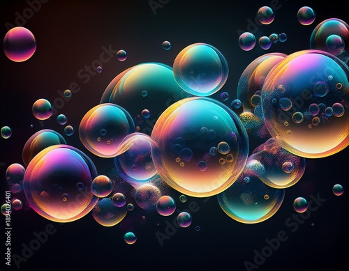 soap bubbles floating on a black background generative ai