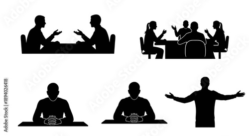Silhouetted figures engaged in discussion and presentation around a table