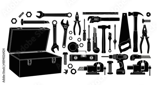 Collection of various tools and equipment arranged around an open toolbox, showcasing different instruments for tasks and projects.