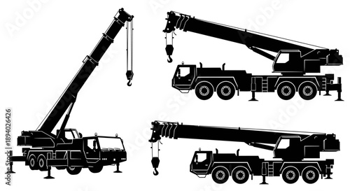 Crane trucks with extended booms in various positions illustrated in black silhouettes against a clean background