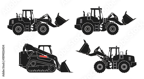 Vector illustrations of excavators and backhoe loaders in various poses on a plain background