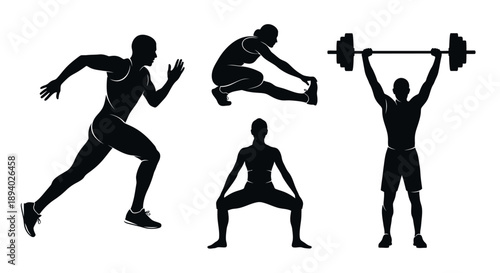 Athletes in various dynamic poses performing exercises and weightlifting in a fitness routine illustration