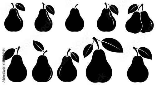 Collection of assorted pear silhouettes with leaves on a clean background from various viewpoints