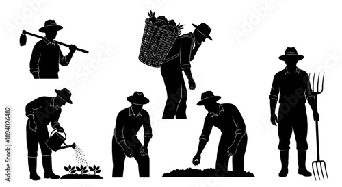Farmers engaging in various agricultural activities, including planting and harvesting crops, shown in silhouette from multiple viewpoints.