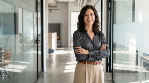 Confident woman with a smile standing with arms crossed in a modern professional business office hallway