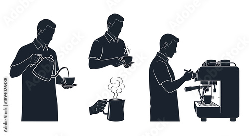 Barista preparing coffee in a café, showcasing steps from pouring to serving.