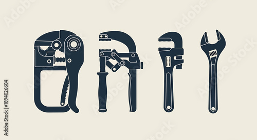 Collection of tools including pliers, clamp, wrench, and spanner in a row from various viewpoints