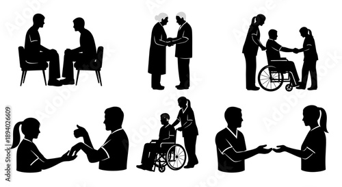 Healthcare professionals interacting with patients in various settings and situations