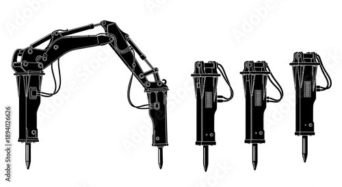 Hydraulic hammer excavator attachments displayed in a row against a plain white background from a frontal viewpoint