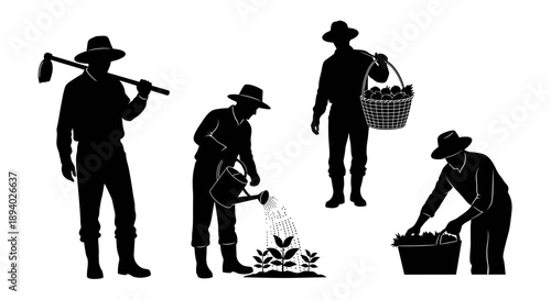 Farmers working together in a field, cultivating and harvesting crops with various tools and baskets