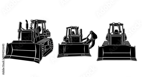 Three bulldozers illustrated in different viewpoints showcasing heavy machinery in industrial settings