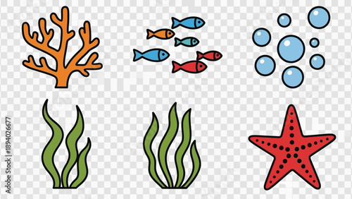 Ocean Elements Set with Coral and Seaweed.