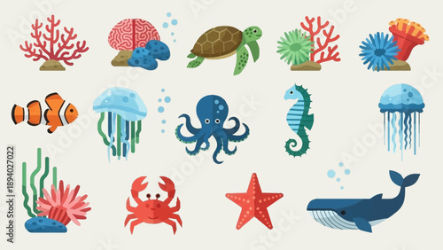 Collection of Cartoon Ocean Creatures and Plants.