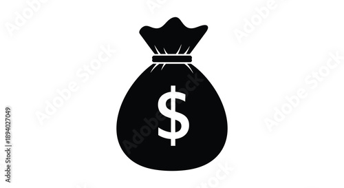 A stark black silhouette depicts a money bag with a prominent dollar sign symbolizing wealth and financial gain silhouette
