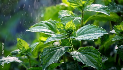 a vibrant rain soaked patchouli plant showcasing rich green hues commonly utilized in fragrances aromatherapy and essential oils