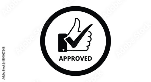 A black circle contains a hand displaying a thumbs up with a checkmark and the word approved below it silhouette