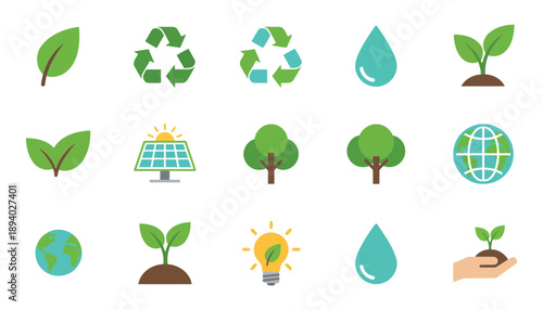 Minimalist Ecology Symbols for Solar Power Wind Turbines and Recycling