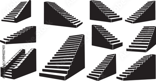 Black and white staircase graphics in various angles shown