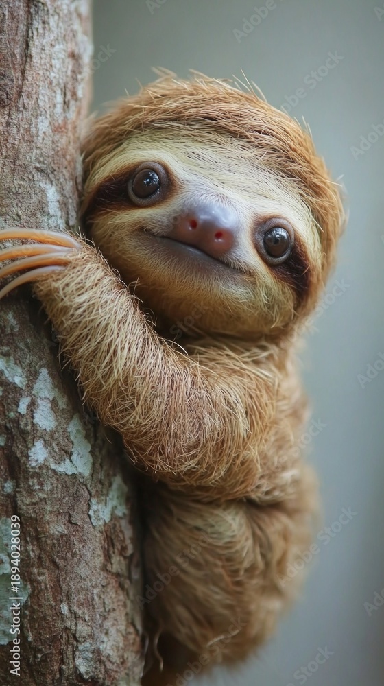 Naklejka premium A charming sloth hugging a tree trunk conveys the warmth and harmony of the wild, which would fit perfectly into the atmospheric backdrop for children's books or biodiversity conservation projects.