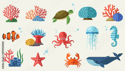 Collection of Various Cartoon Ocean Creatures.