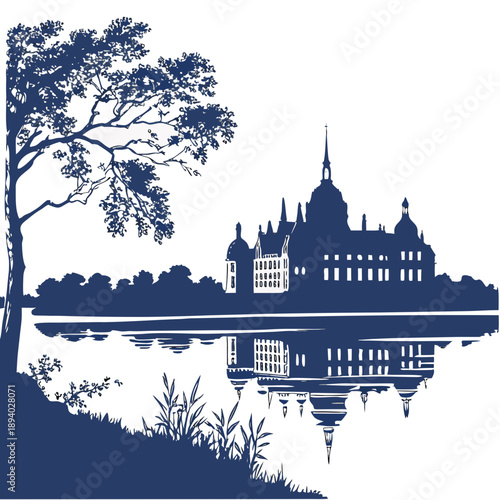 Silhouette of a historic castle by a lake