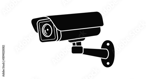 A stark black security camera is prominently displayed against a white background showcasing a modern surveillance design silhouette high quality
