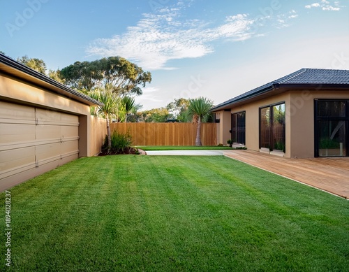 the front yard of a contemporary australian home or residential building showcases artificial grass lawn turf with timber edging