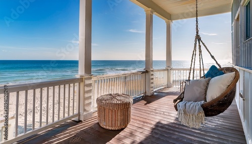 front porch of a beachfront home featuring cushions and a swing chair with a distant view of the ocean