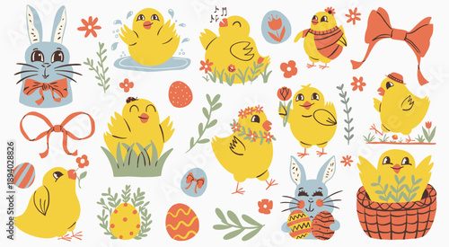 Happy Easter set. Cartoon  cute yellow chicks and  bunnies, patterned eggs and spring floral. Doodle collection for childrens