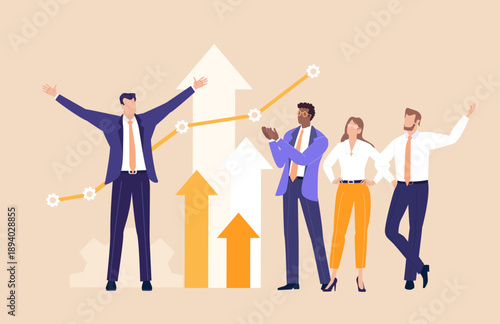 Business Growth Celebration. Business people celebrate success and achievements together, symbolizing growth, teamwork, and positive results of shared effort.