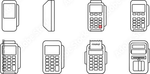 Professional black line vector icons of credit card payment terminals and POS machines for retail business।