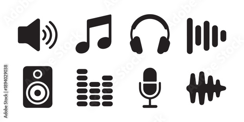 Music audio equipment glyph icons featuring speaker microphone headphones musical notes and sound wave equalizer symbols for multimedia studio interface production elements set