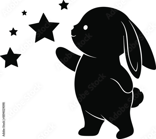 Easter sunday black silhouette of bunny reaching for stars on white background