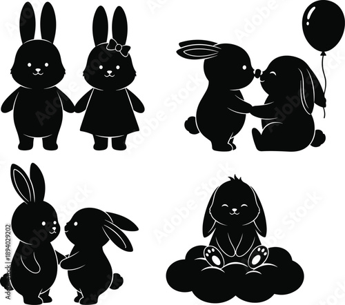 Easter sunday celebration silhouette illustrations of bunny rabbits and friends