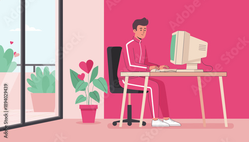 Young man working remotely on a vintage computer in a casual bright pink home office