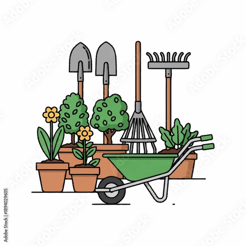 Gardening tools and potted plants ready for spring planting.