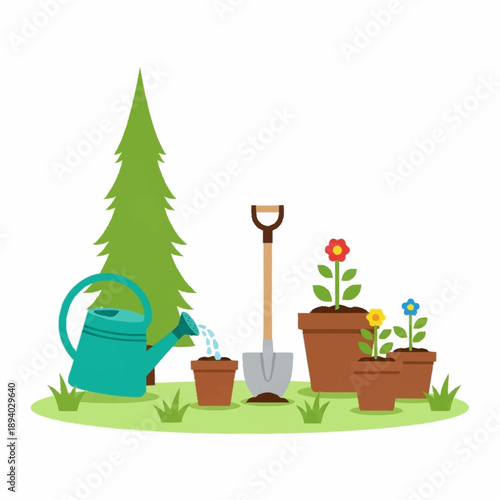 Gardening tools and potted plants with a tall tree.