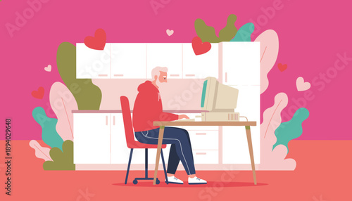 Elderly man using vintage computer at home in a bright loving flat design illustration