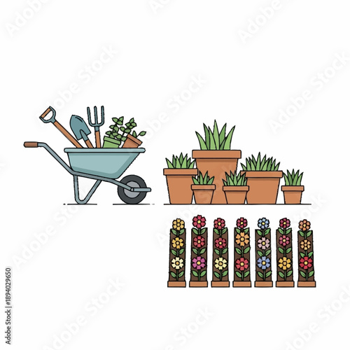 Gardening tools, potted plants, and decorative garden stakes for outdoor landscaping.
