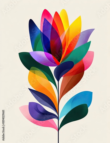 A vibrant, layered flower with colorful petals and leaves, standing tall against a neutral backdrop